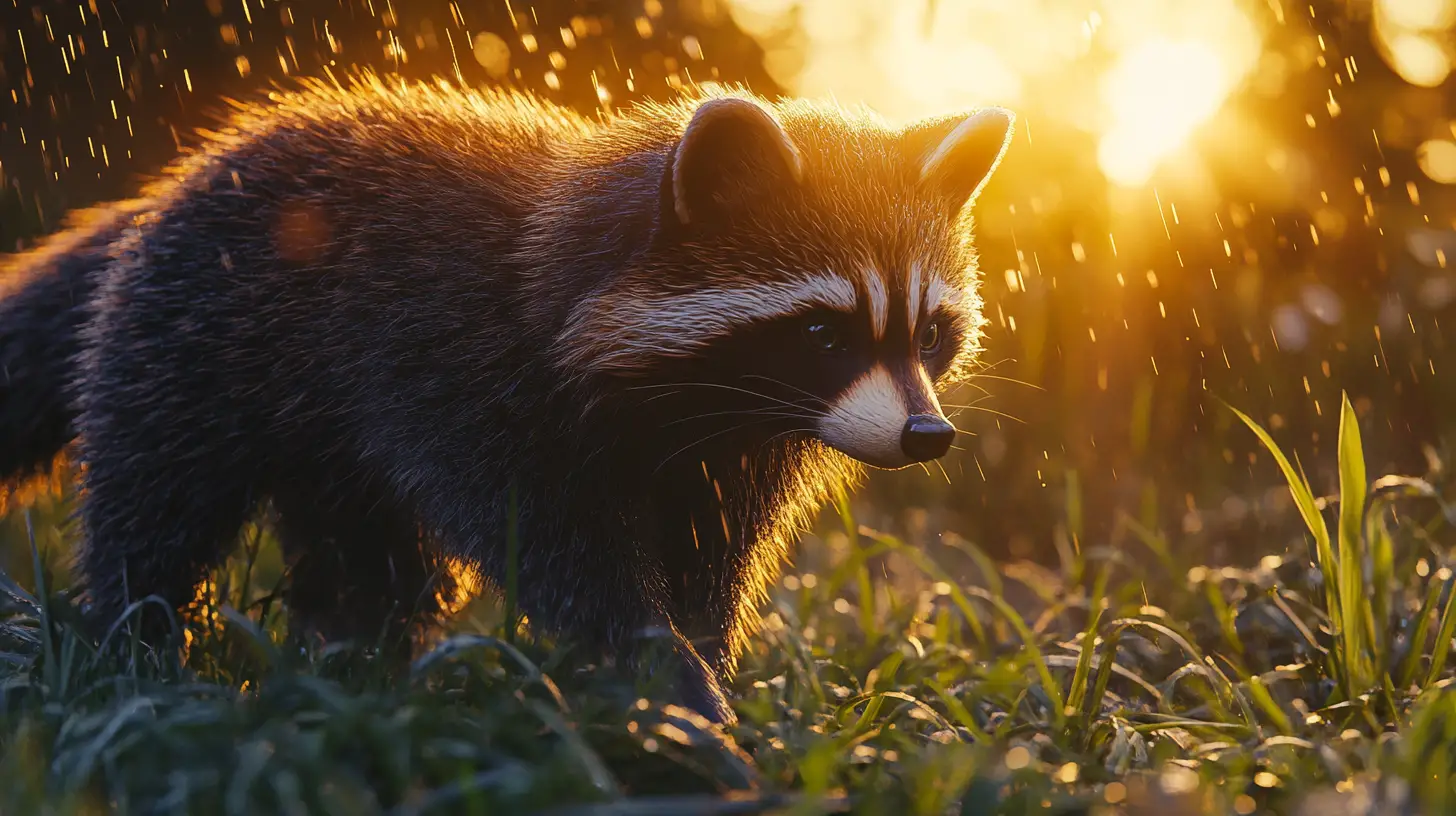 Raccoon dog walking through rainy grassland at sunset