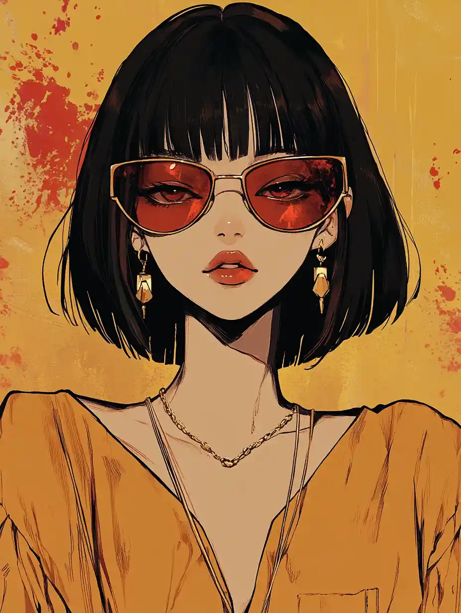 Anime girl in mustard shirt with gold jewelry