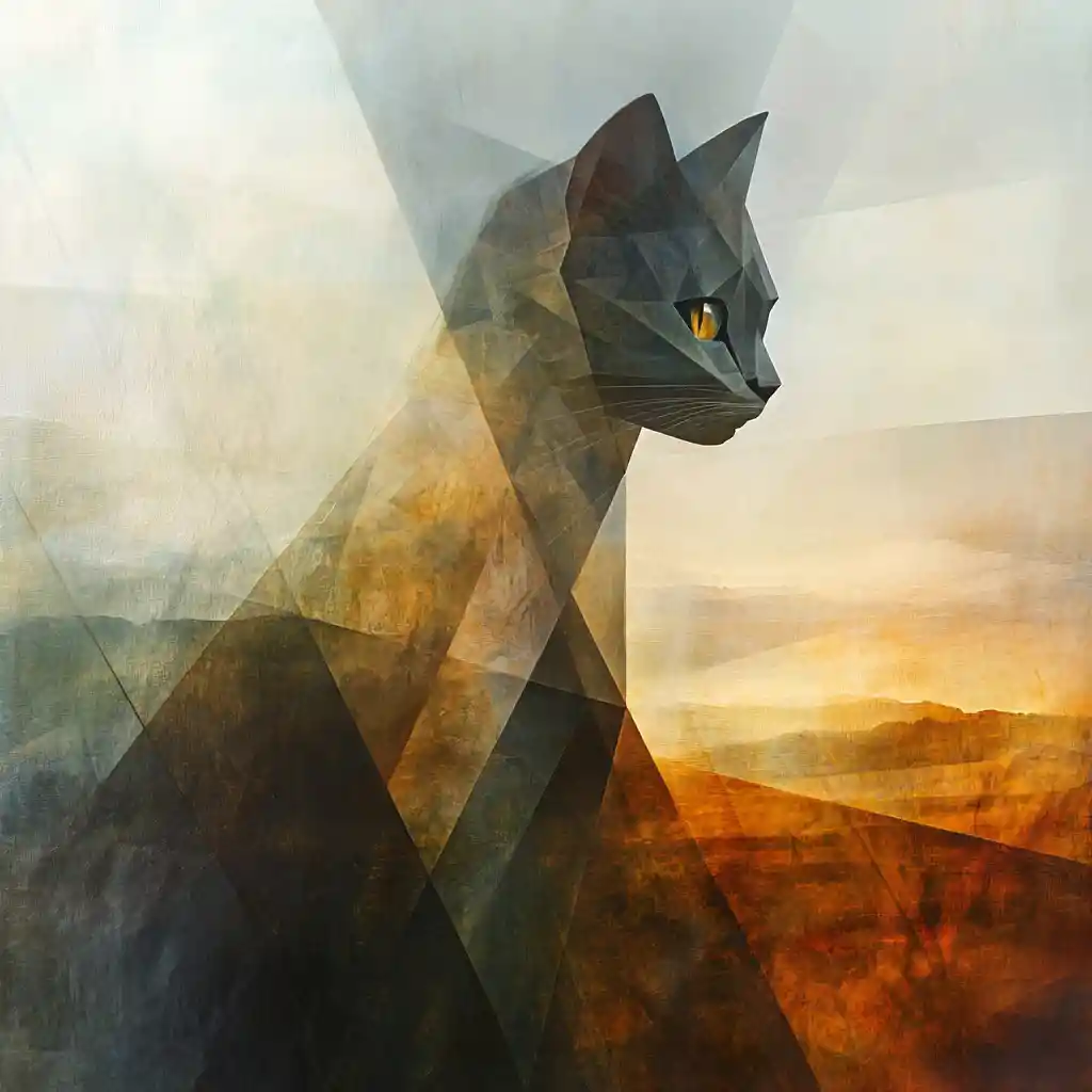 Surreal cat emerging in a misty dreamlike abstract landscape