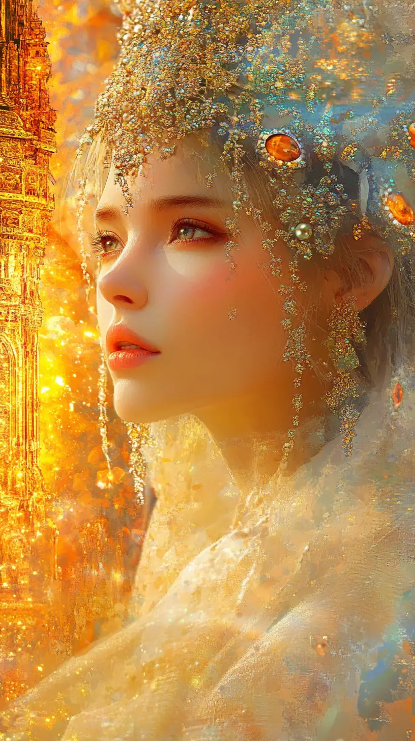 Noble women before a blazing golden tower in mythic dreamscape