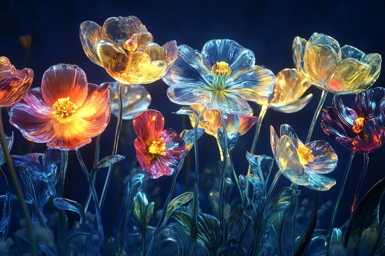 Glowing glass flower garden on a deep blue background