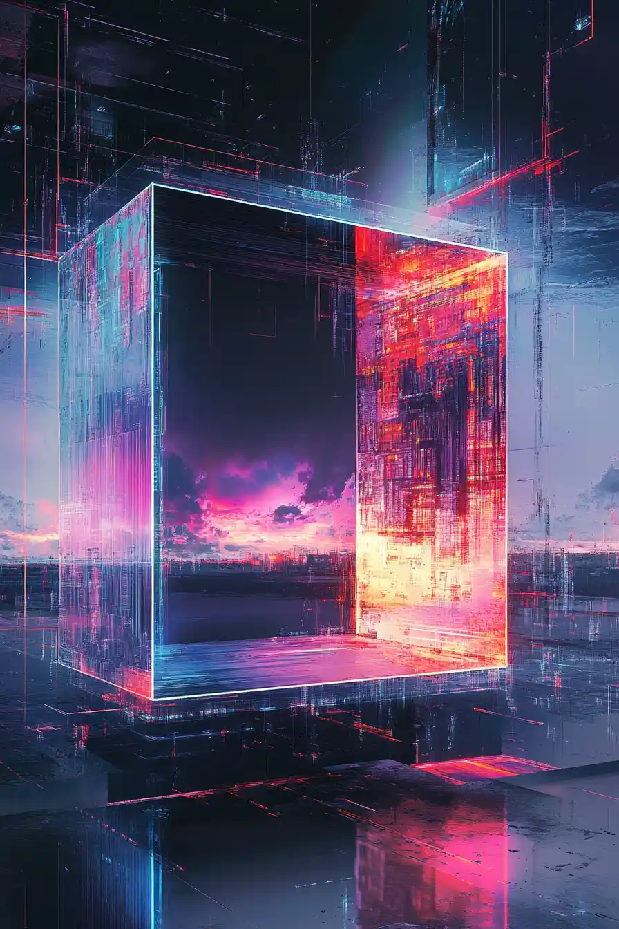 Black square torn open by chaotic digital glitch patterns