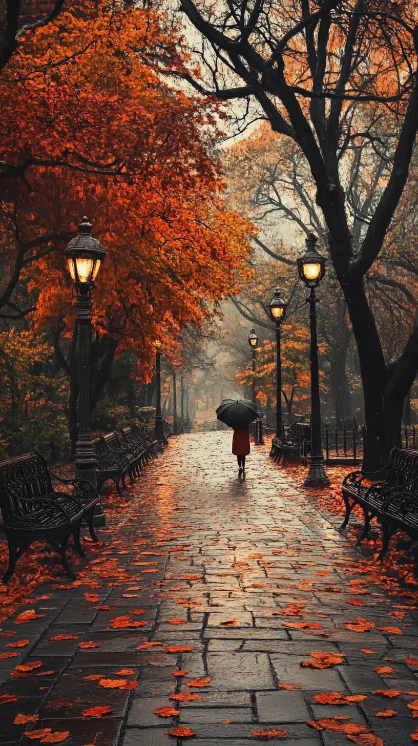 Woman Walking In Autumn Park Under Soft Lamp Light