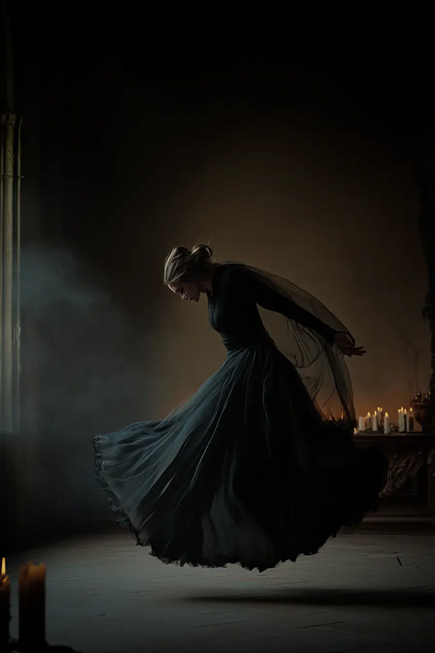 Woman Levitate In Dim Room With Candles And Gauze