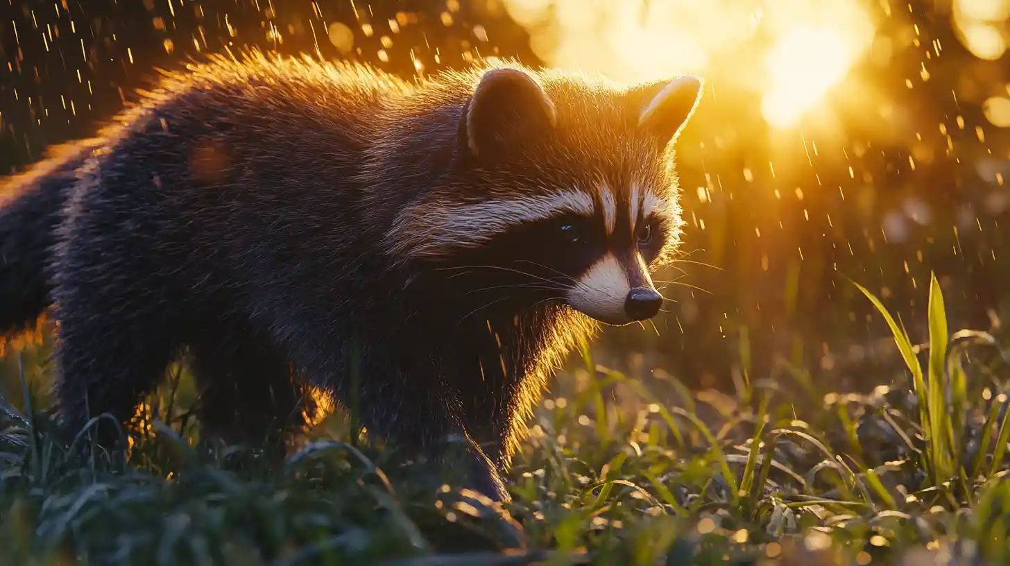 Raccoon dog walking through rainy grassland at sunset