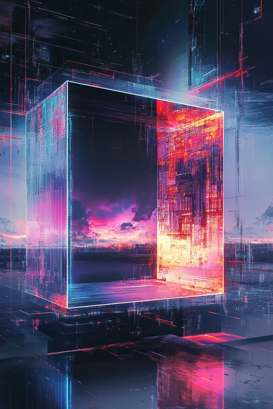 Black square torn open by chaotic digital glitch patterns