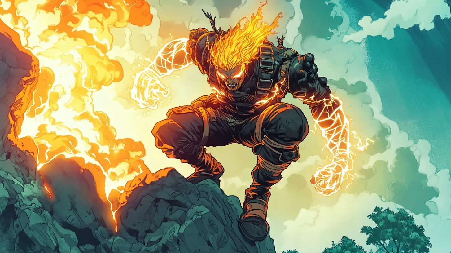 Fantasy warriors channeling fire and lightning on floating rock