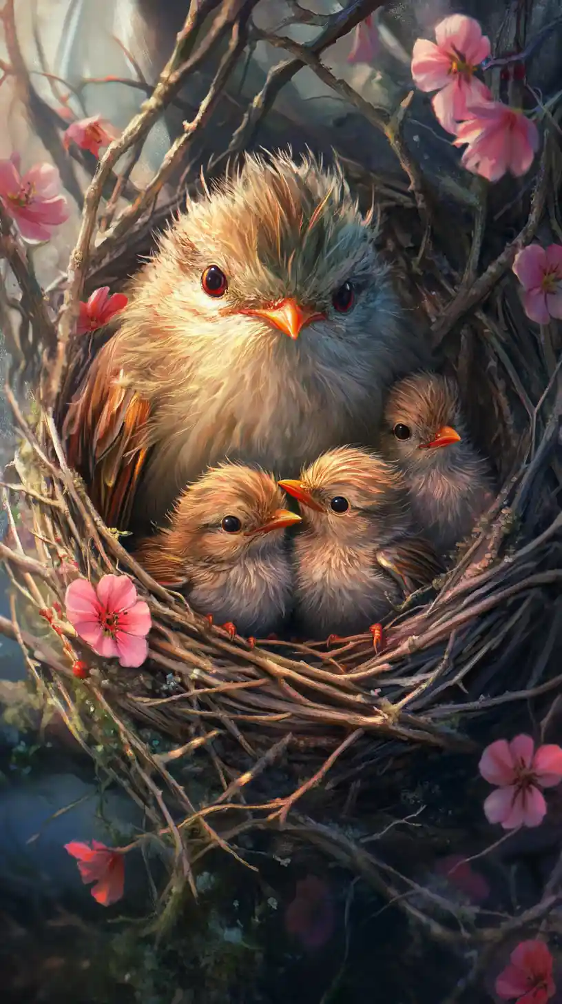Mother robin cuddling three chicks in a flowered nest
