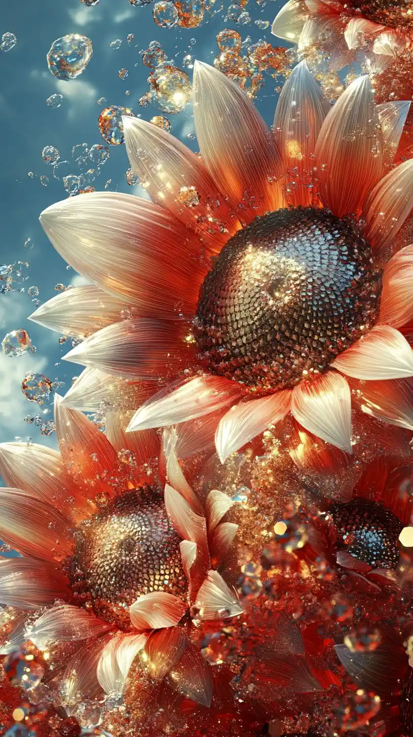 Glowing Crystal Sunflowers In Underwater Close Up View