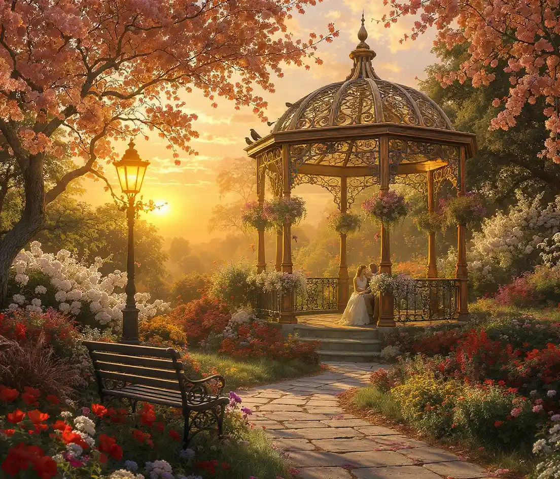 Copper gazebo in a lush garden at sunset