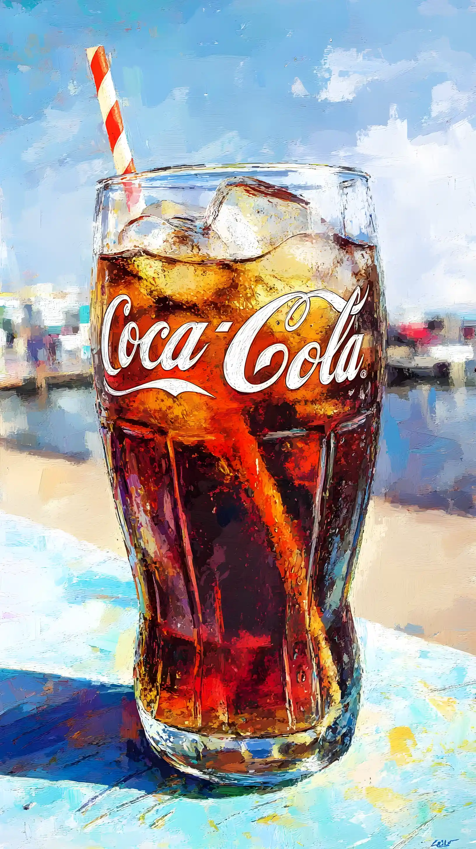 Watercolor close up of cola glass on sunny beach