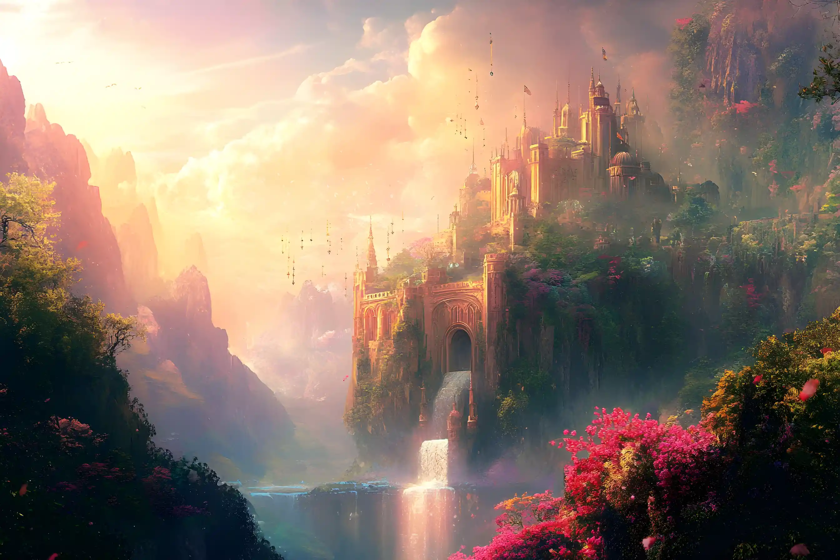 Enchanted floating castle high above a luminous sky