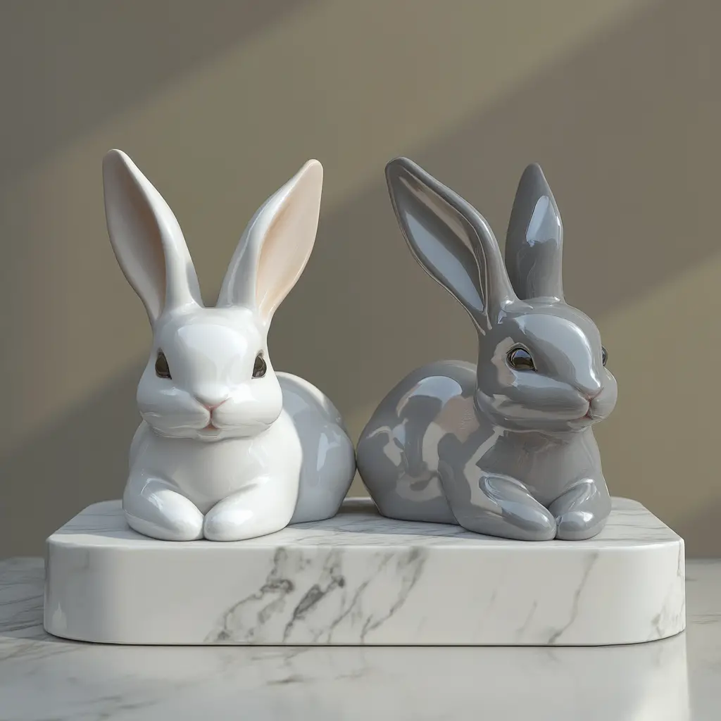 Porcelain rabbit figurines on a lit marble podium