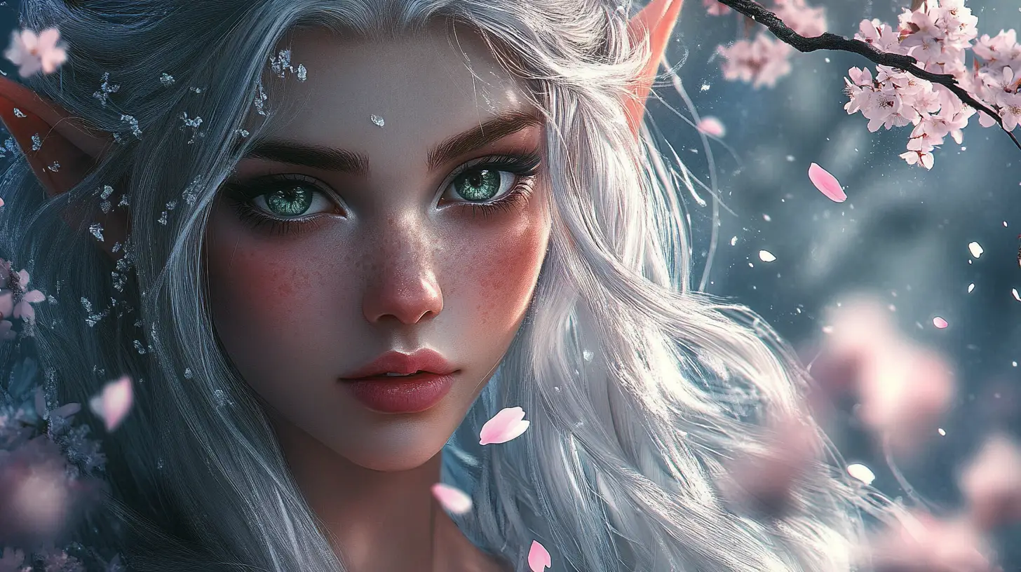 Elf princess under soft falling cherry blossom petals