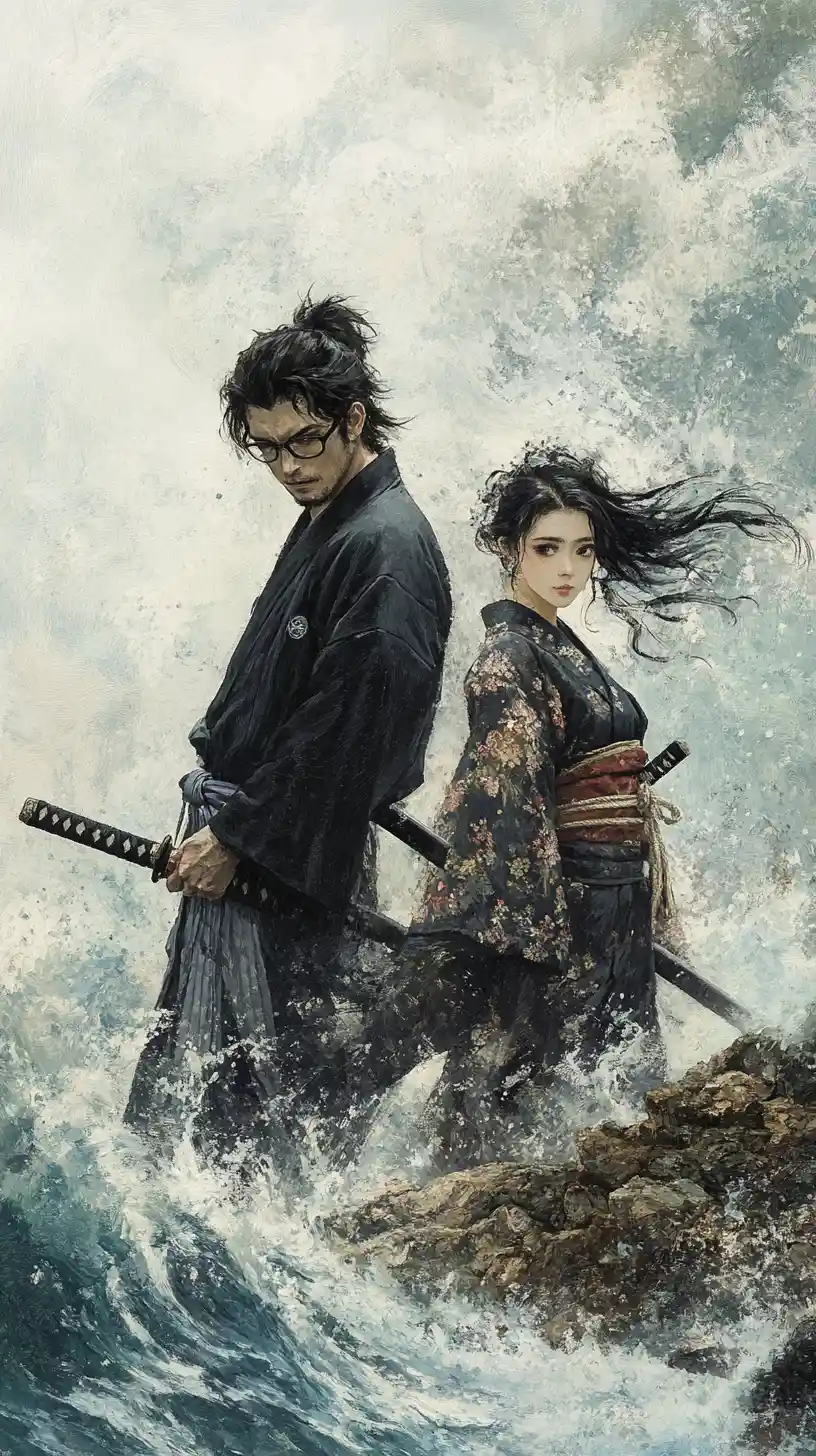 Japanese man on windy seaside cliff facing rough sea