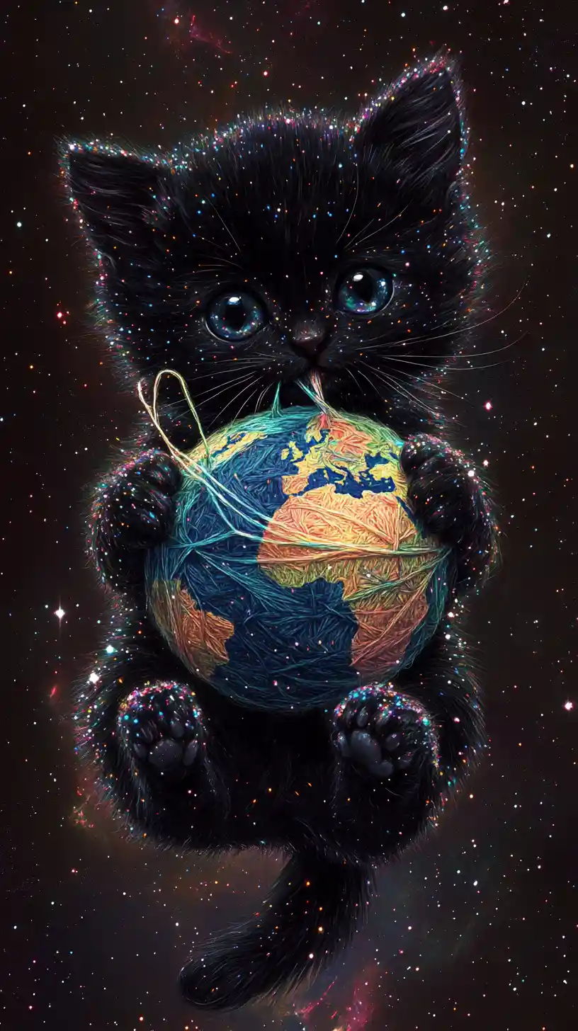 Cute cosmic black kitten holding a yarn earth