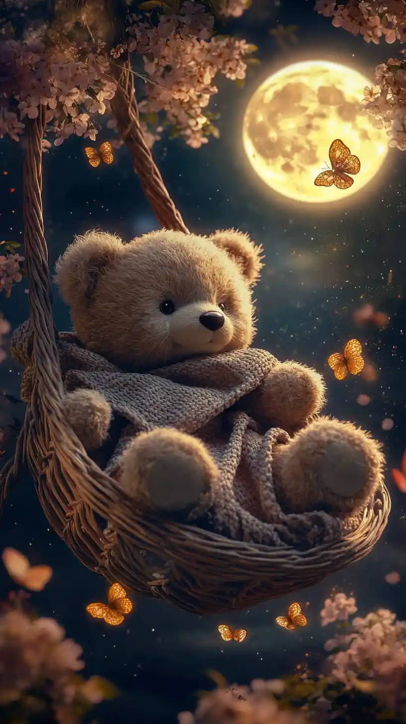 Osito de peluche adorable en una silla colgante bajo la luna