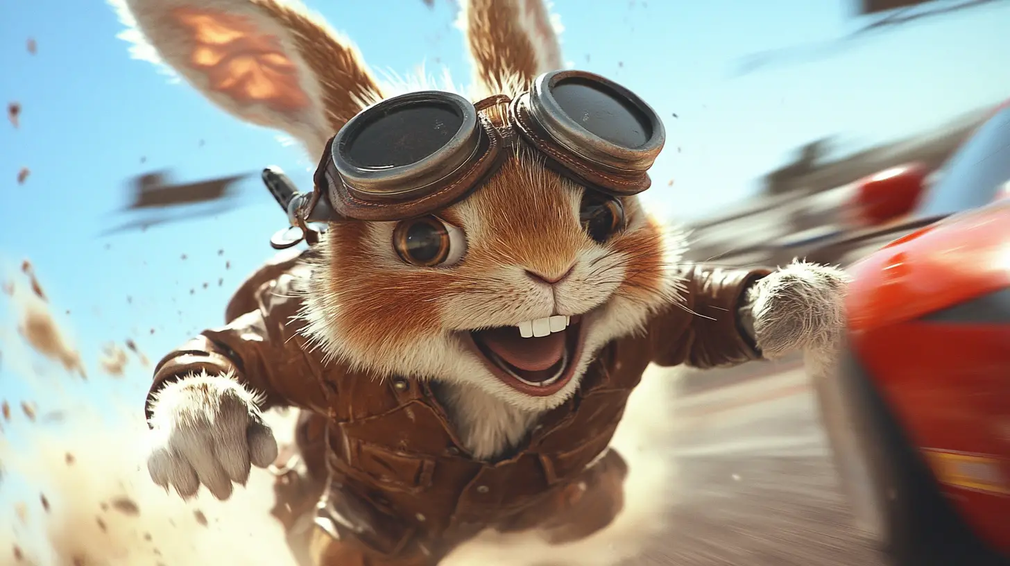 Anthropomorphic Racing Rabbit Beside Speeding Ferrari
