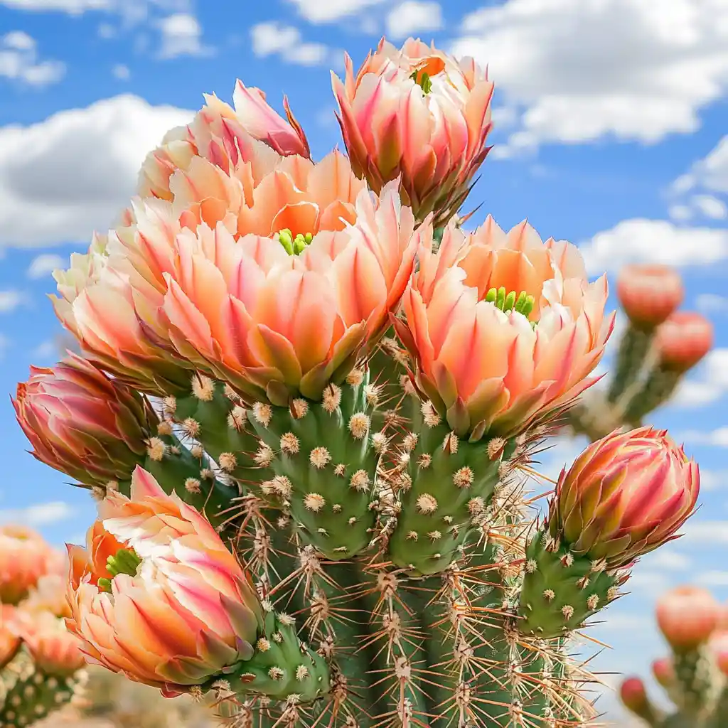 Close up cactus with colorful flowers and desert sky