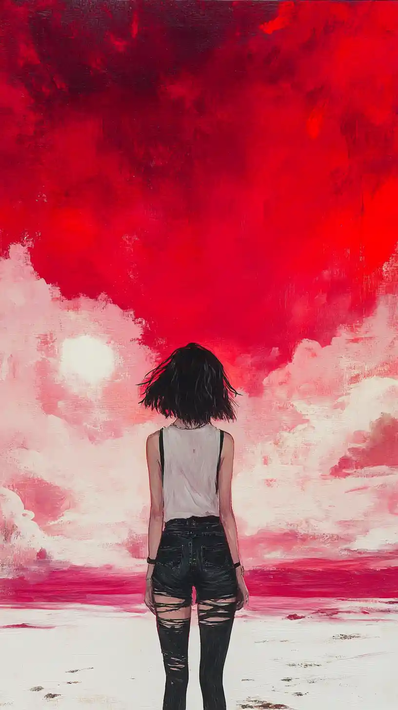 Ink painted girl in a stormy white desert twilight