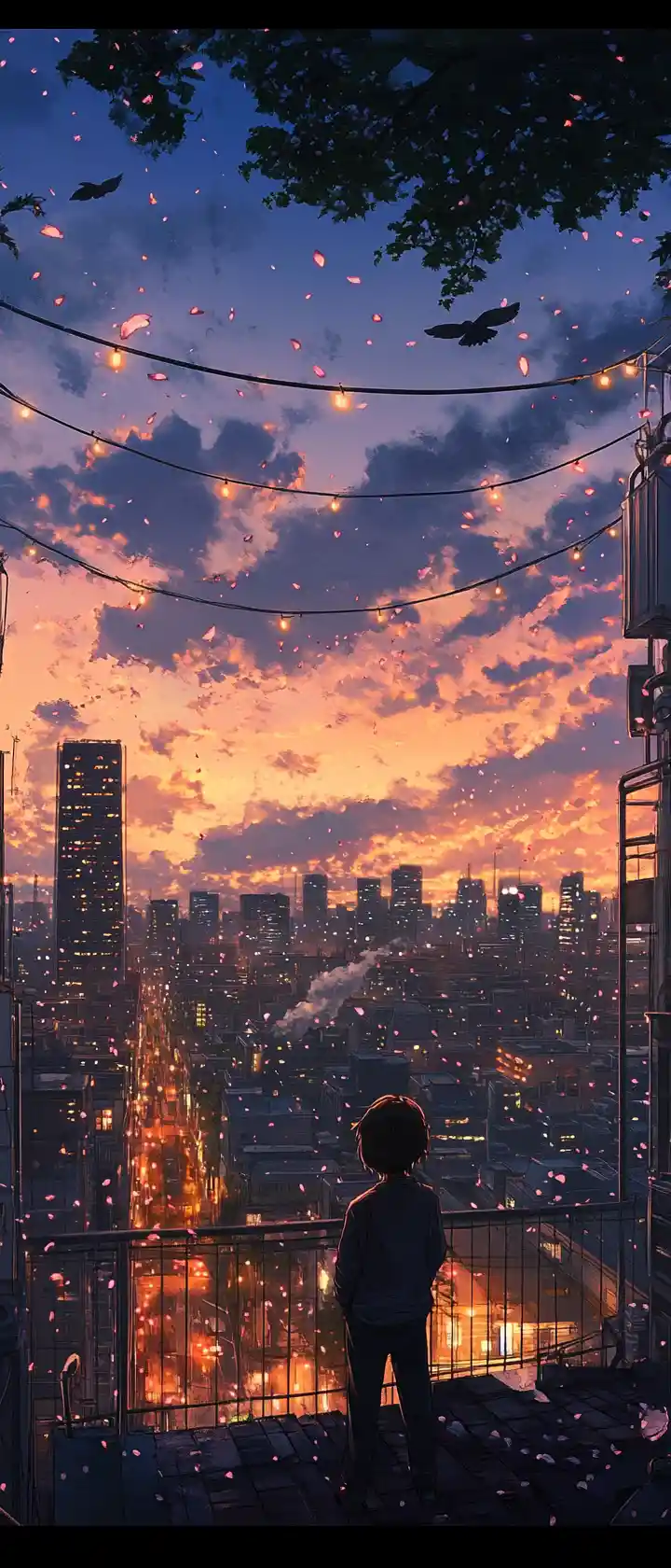 Anime-Frau auf einer Stadtdachterrasse unter leuchtendem Abendhimmel