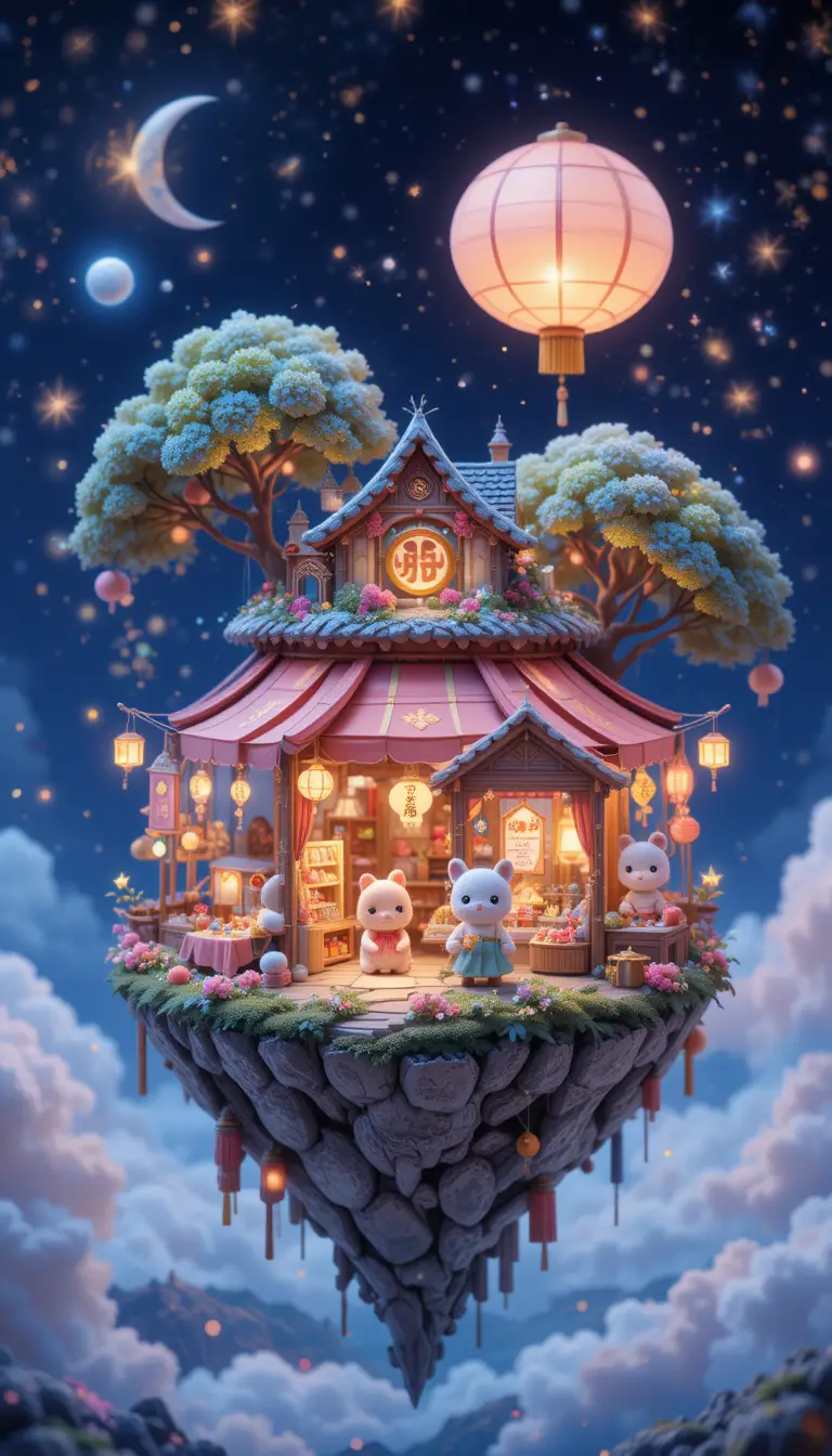 Whimsical Floating Island Night Market Miniature Scene