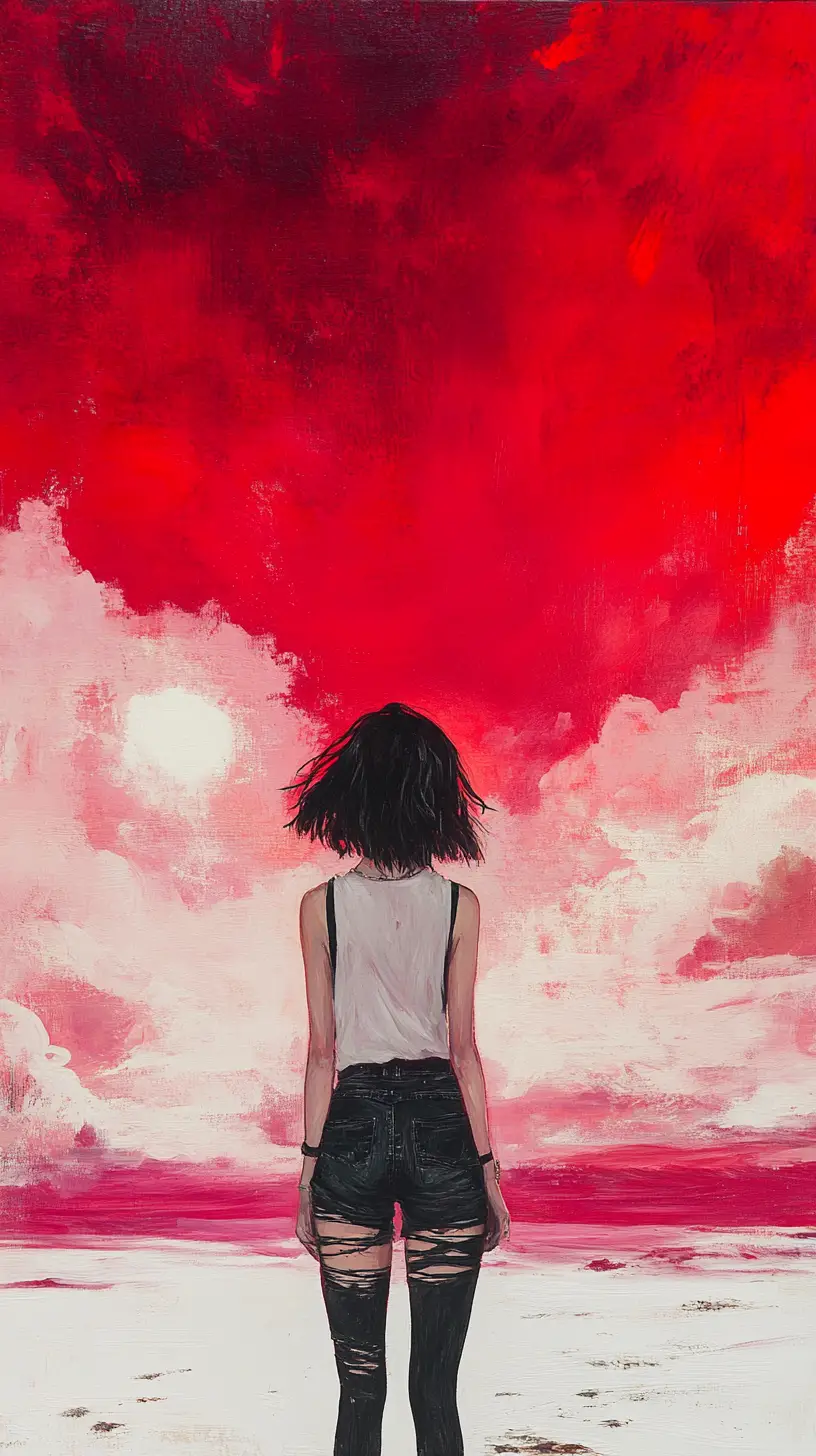 Ink painted girl in a stormy white desert twilight