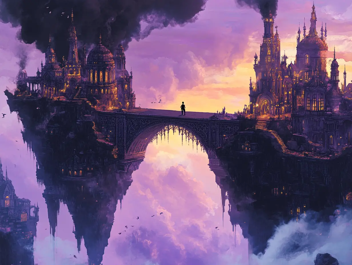 Victorian stone bridge between dark and glowing islands
