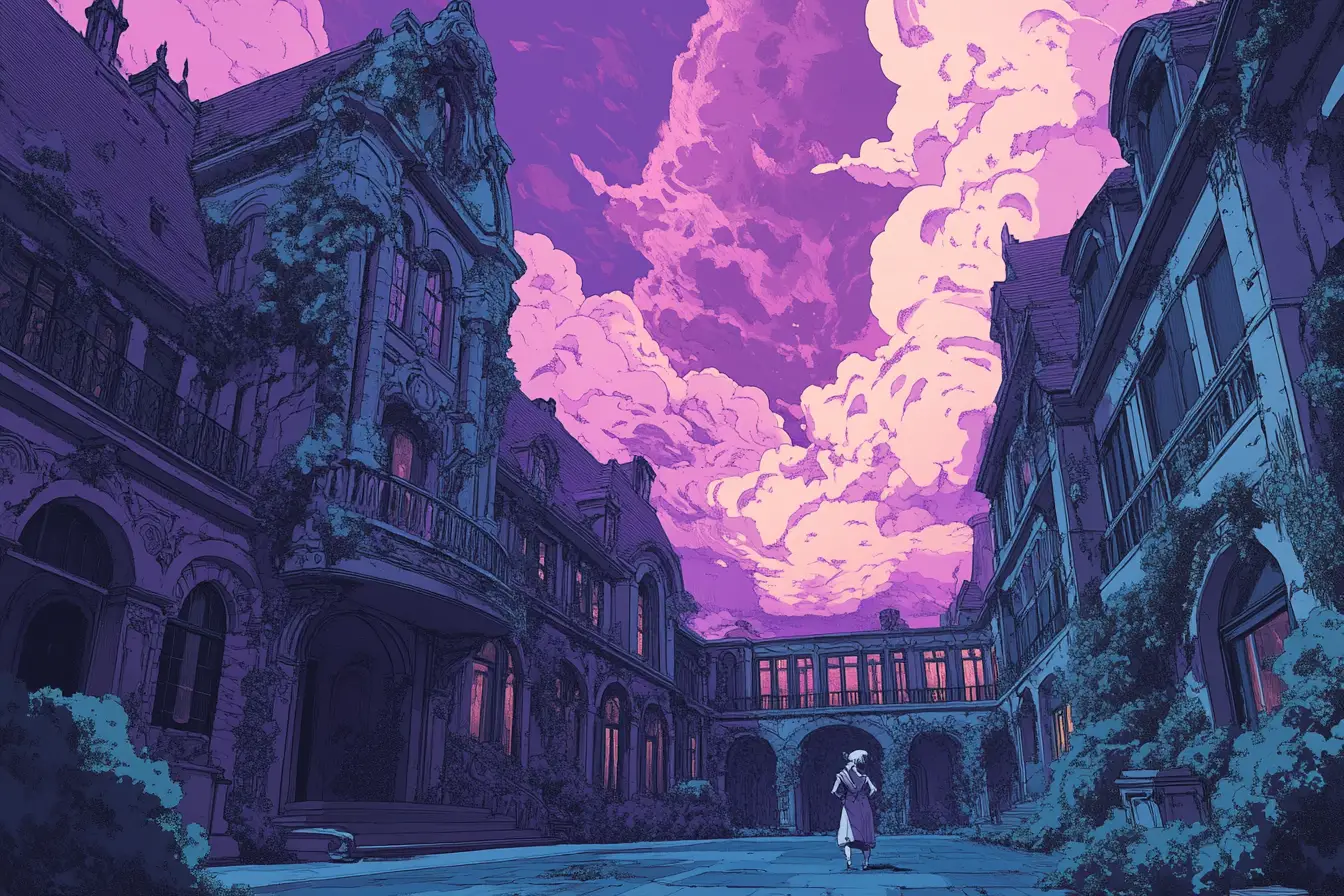 Dreamwalker In A Split Victorian Courtyard Of Night And Dawn