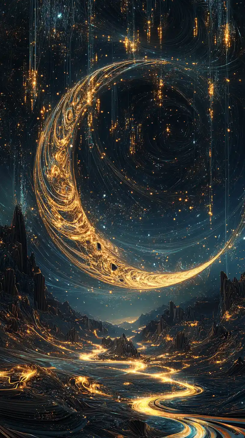 Abstract cosmic landscape with giant crescent celestial body