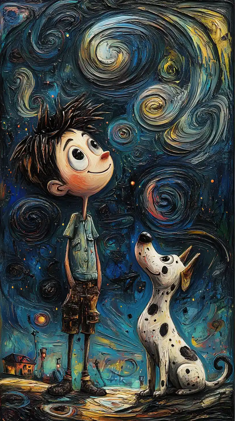 Cartoon boy and playful dog under a dreamy night sky