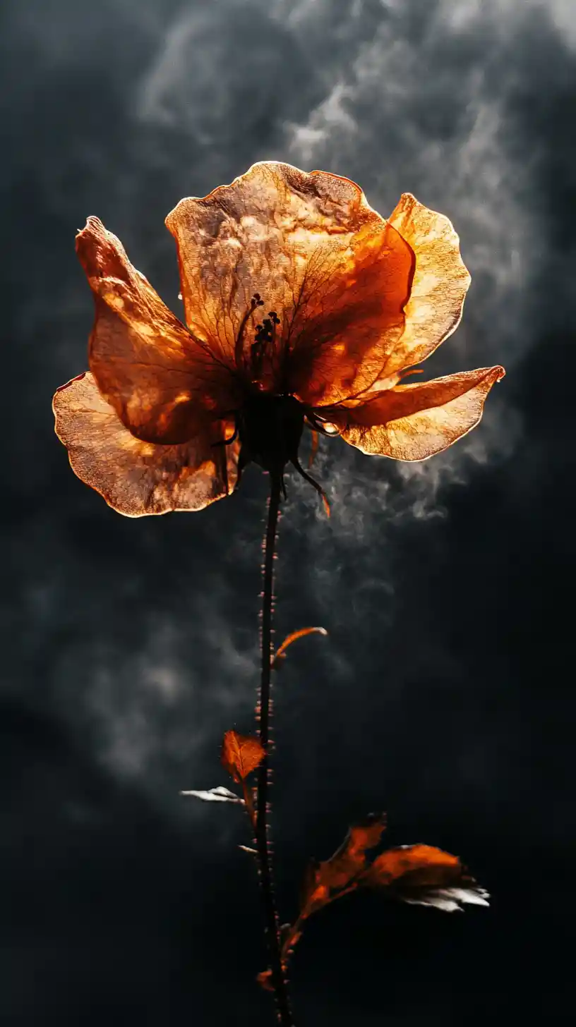 Transparent amber rose bush against dark cloudy background
