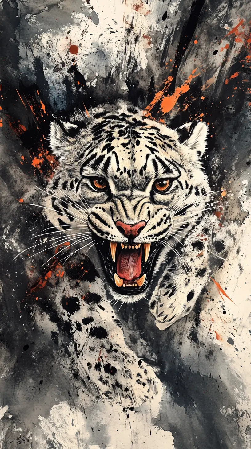 Snow leopard pouncing in dramatic abstract ink art