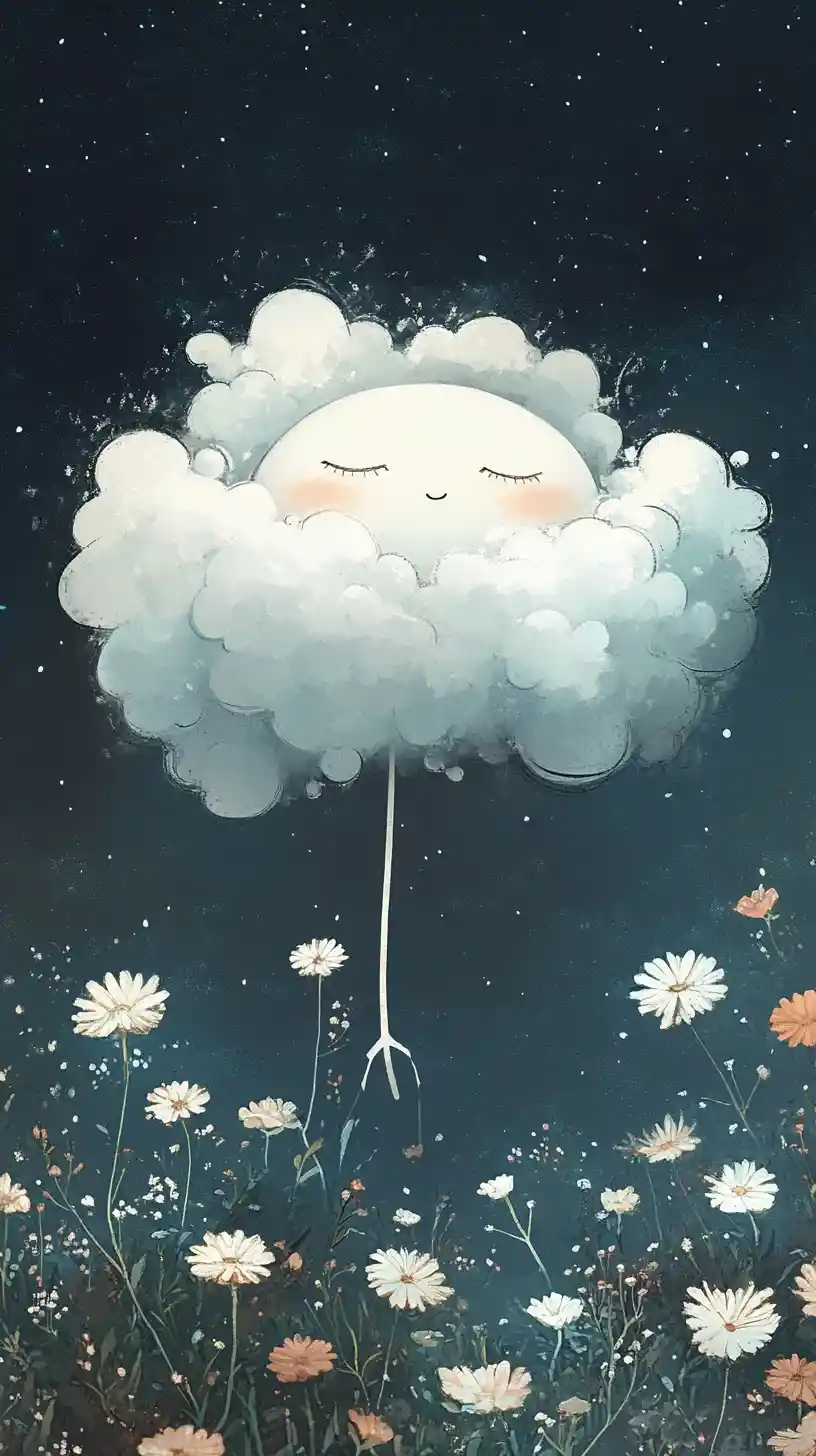Bonhomme bâton somnolent se réveillant parmi les nuages et les fleurs