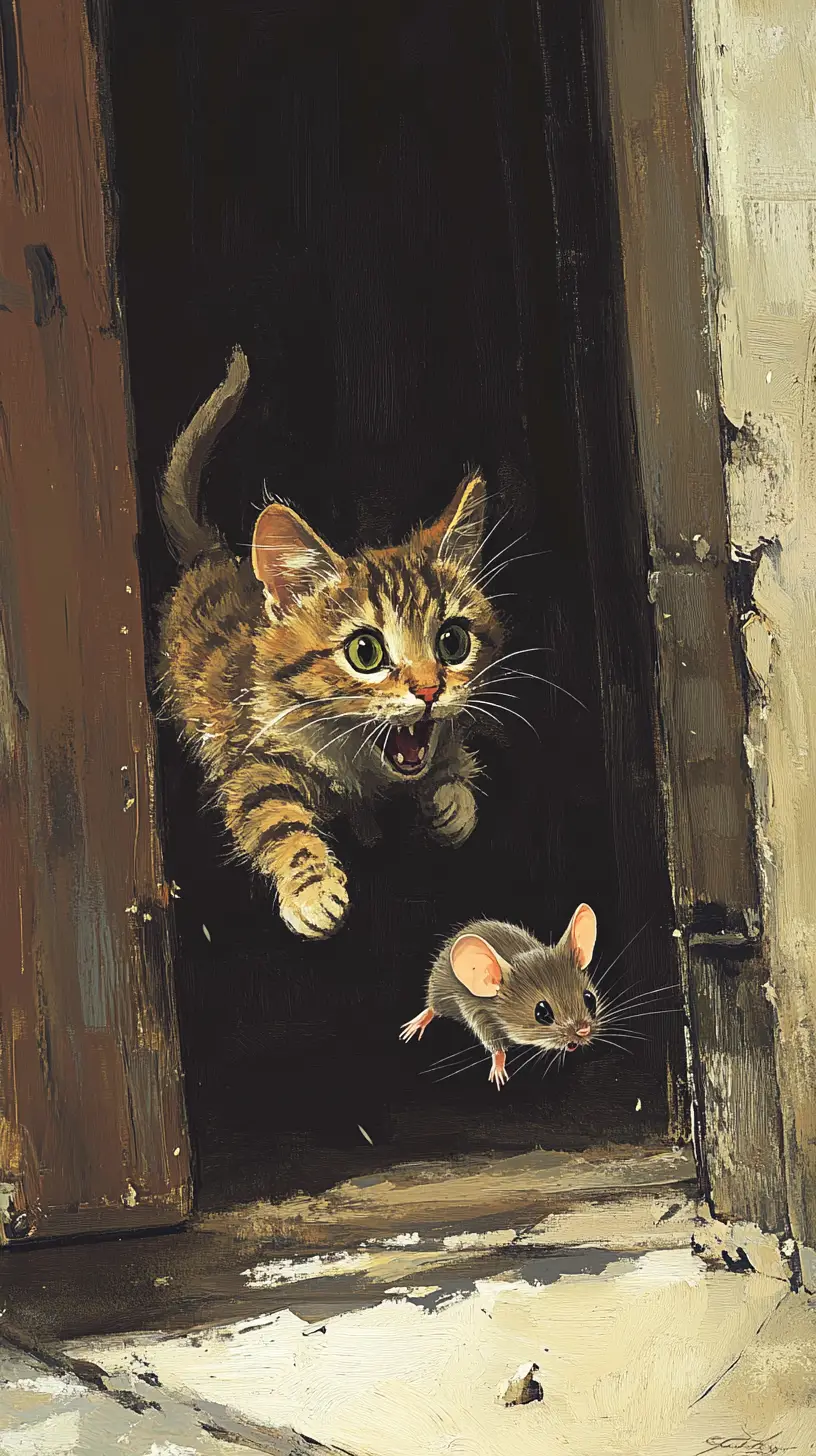 Panicked cartoon cat running on a chaotic mouse station
