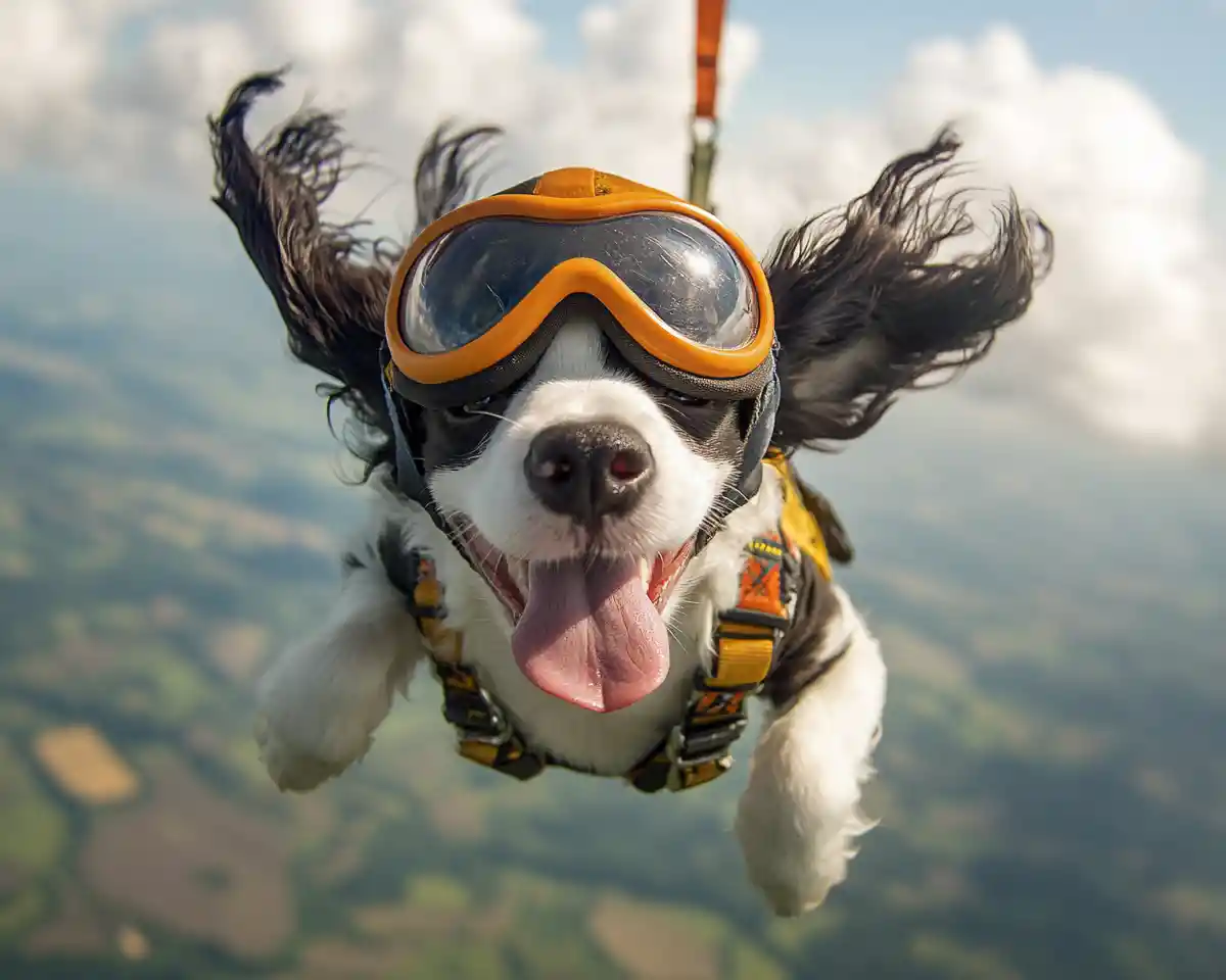 Young spaniel dog skydiving with goggles and harness