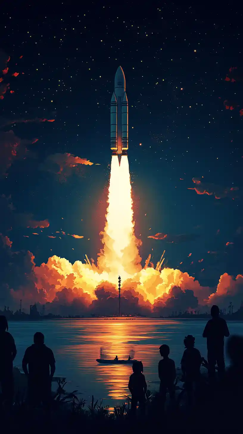 Raketenstart über einem Fluss vom nächtlichen Strand aus gesehen