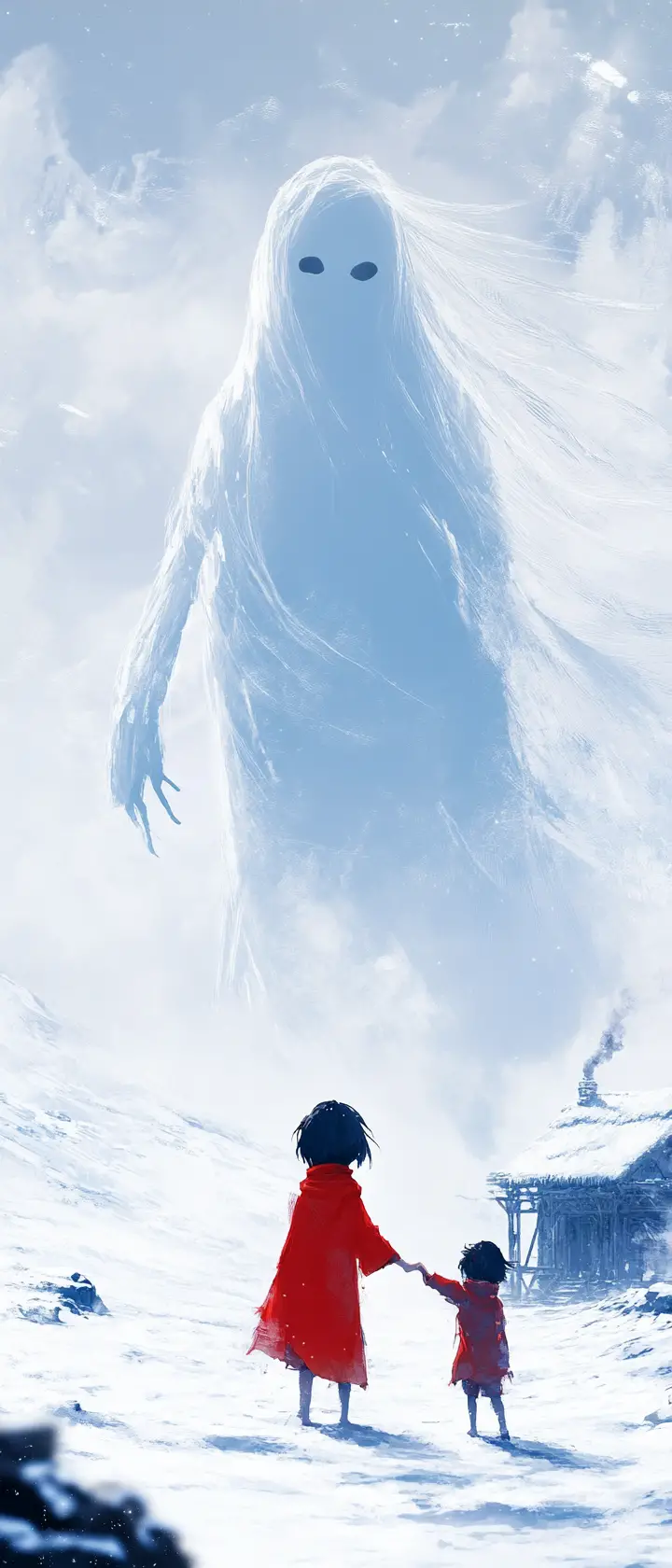Anime child and ghost holding hands on snowy plain