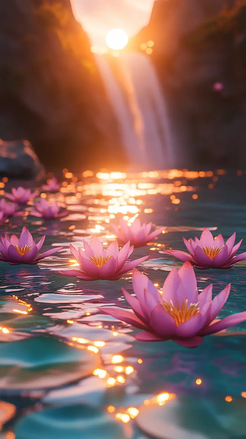 Luminous lotus flowers over turquoise water at sunset