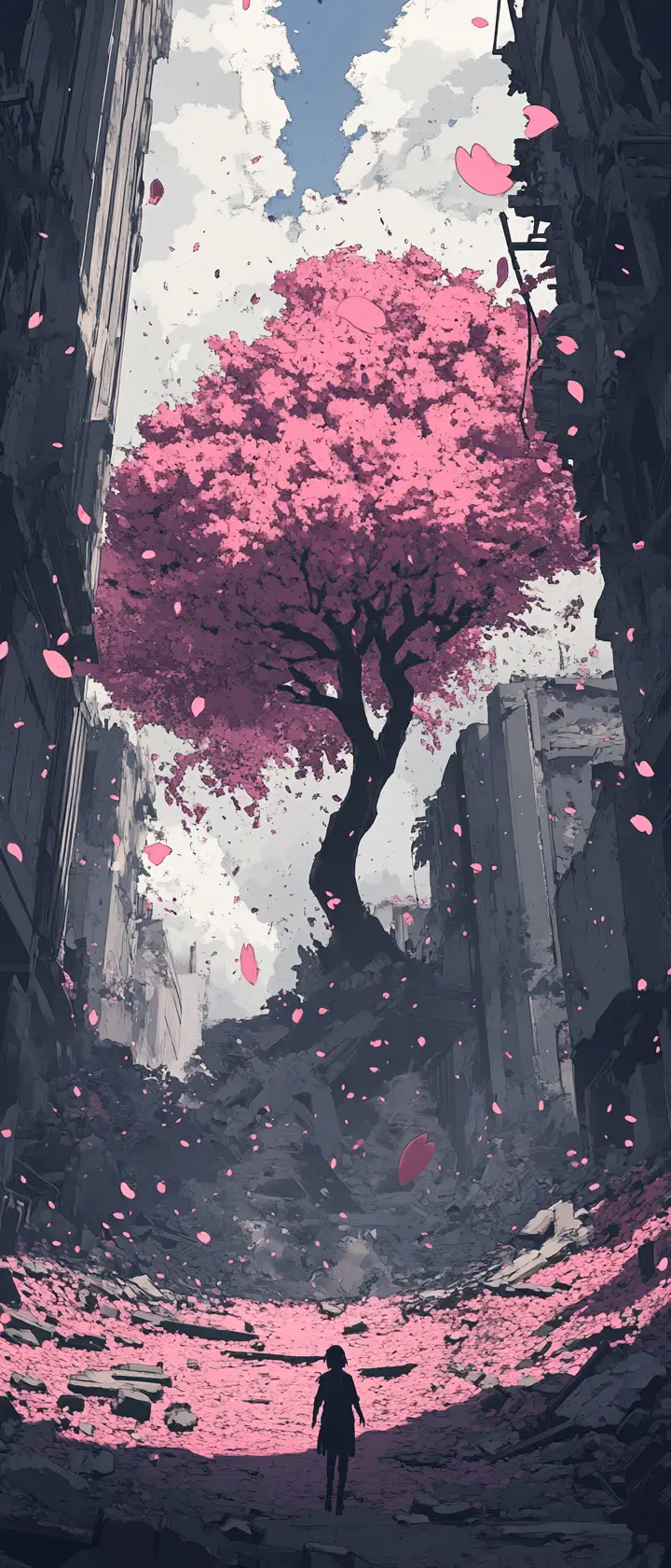 Cherry tree blooming in a ruined desolate landscape