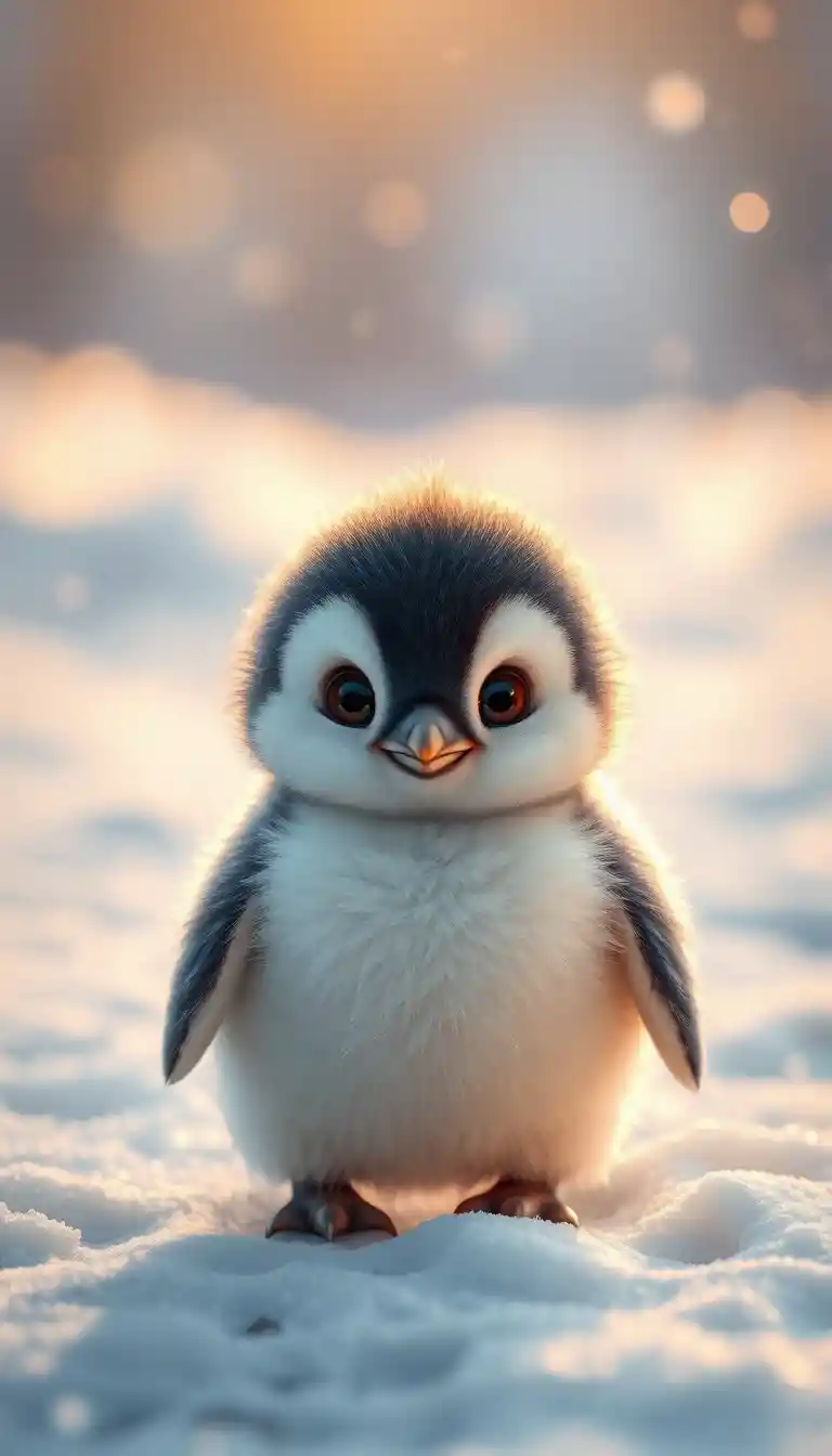 Cute baby penguin in a soft snowy landscape