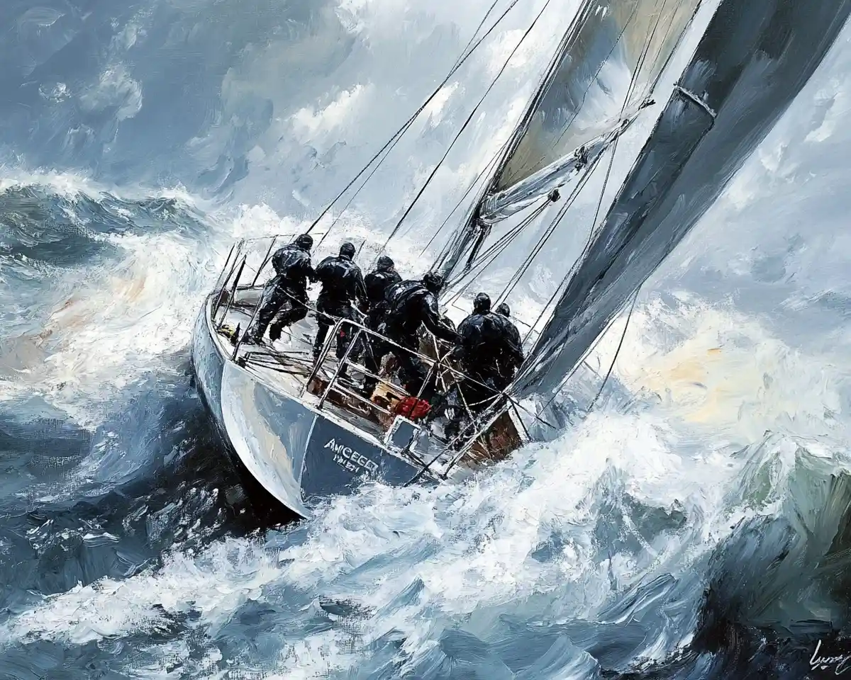 America cup yacht crew battling heavy seas in daylight