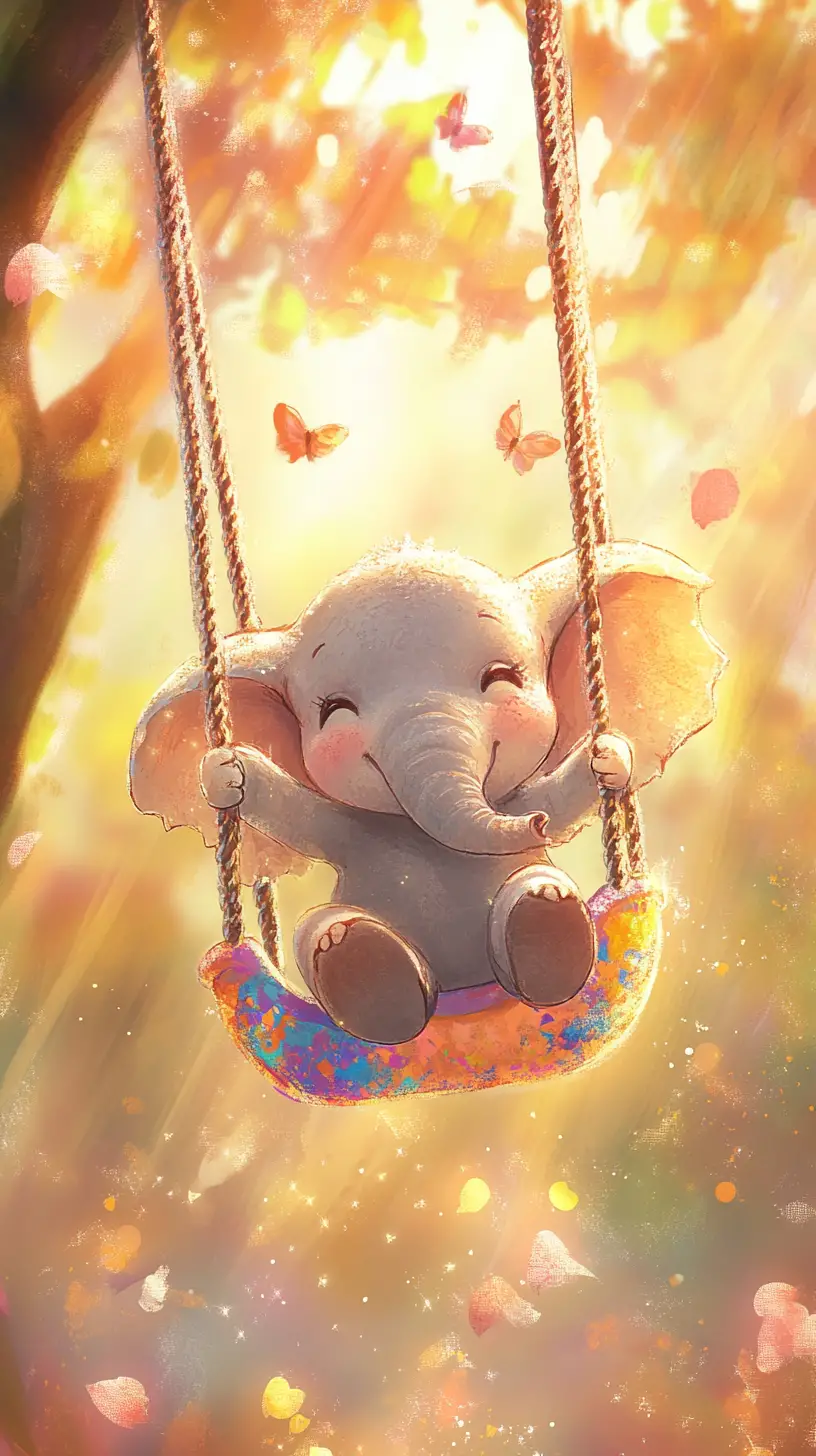 Cute baby elephant swinging on a colorful tree swing