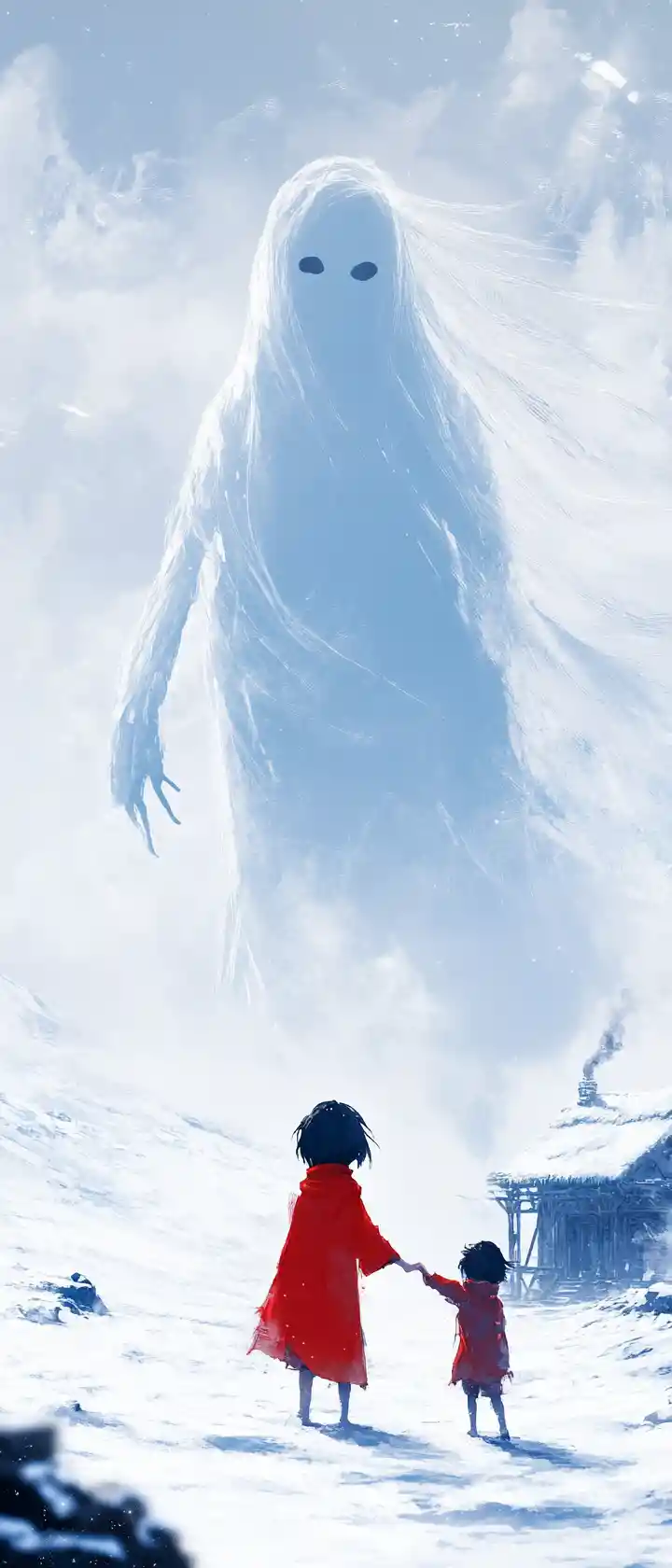 Anime child and ghost holding hands on snowy plain