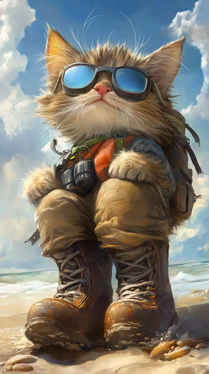 Fluffy happy cat in beach boot with swimming gear