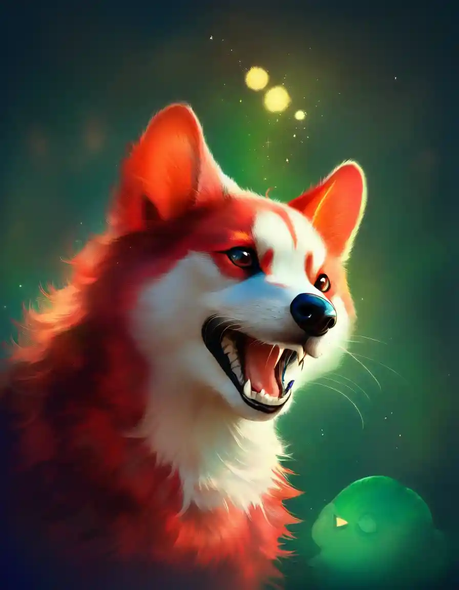 Playful baby wolf with black and red fur softly growling