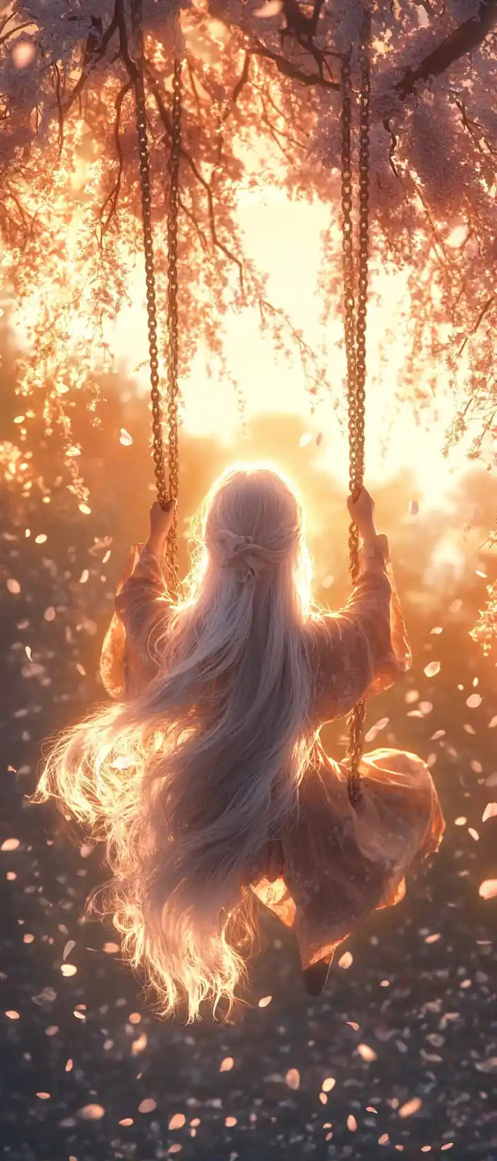 Silver haired girl on a swing under cherry blossoms