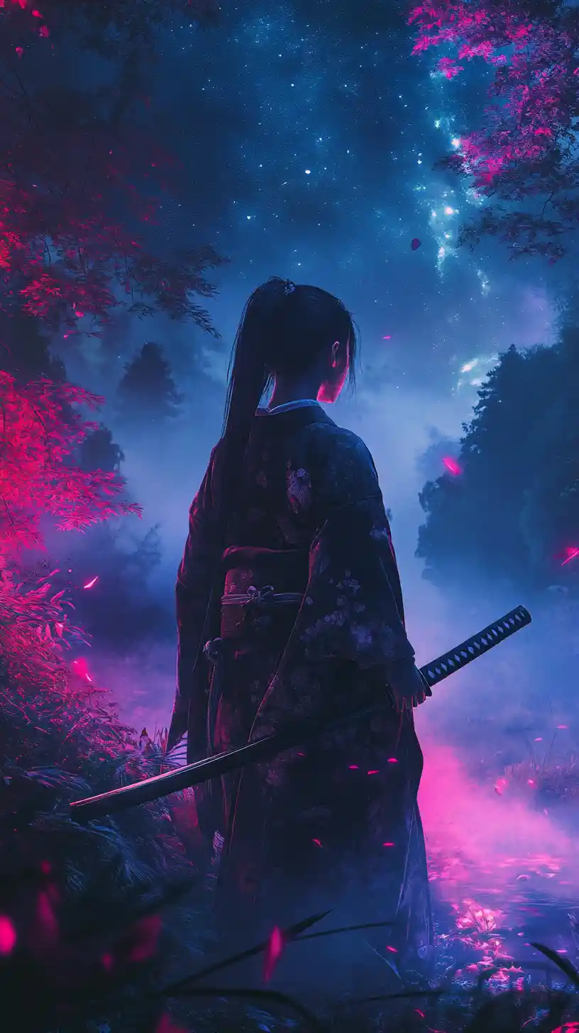 Woman in kimono with katana in a misty night forest