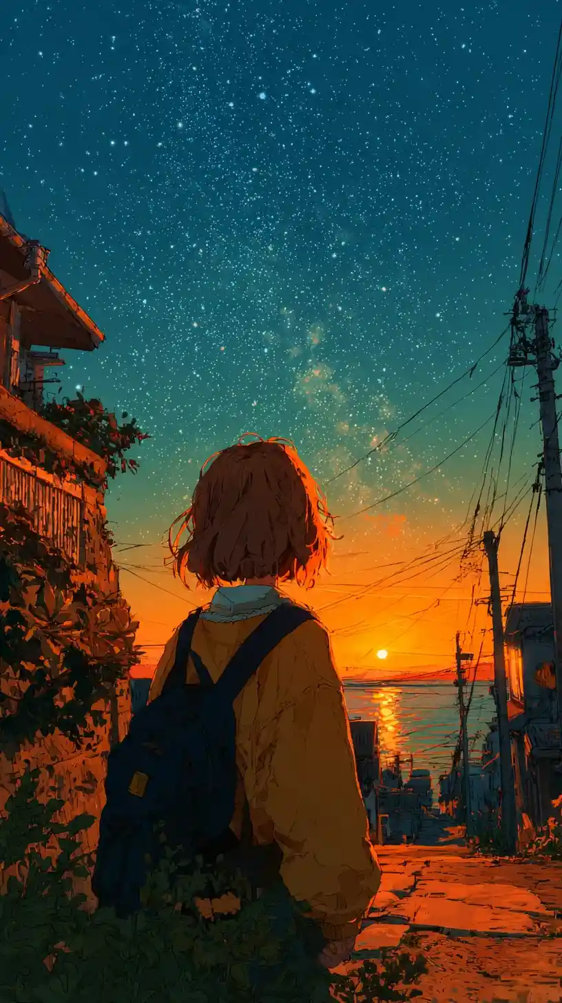 Girl Sitting On Street Watching A Peaceful Sunset