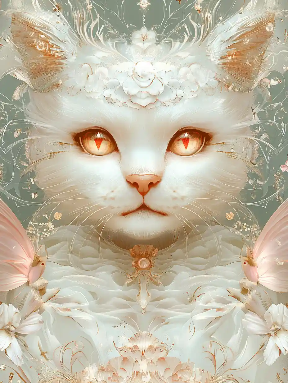 Symmetrical glowing feline face with celestial golden markings